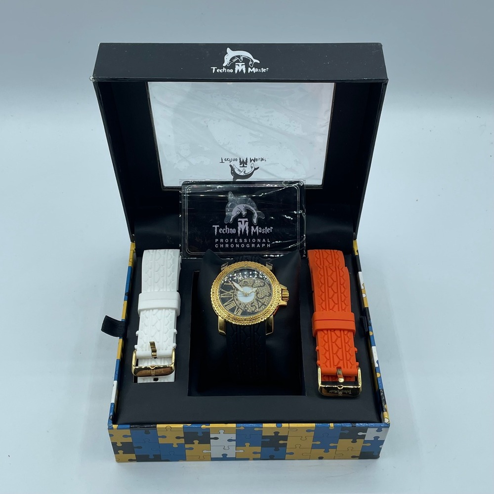 Techno Master Professional Chronograph Gold Diamond Watch with 3 Rubber Straps